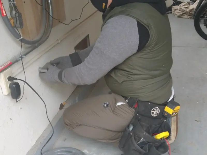 Electrician performing outlet wiring in a Wales garage